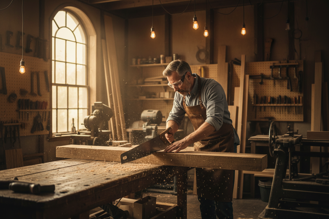 Falegname che taglia la legna